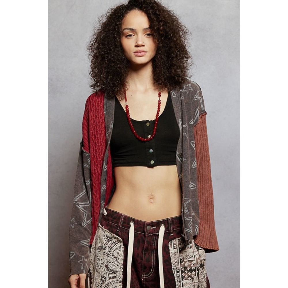POL Multicolor Mixed Media Patchwork Star Cable Knit Cardigan Sweater Medium